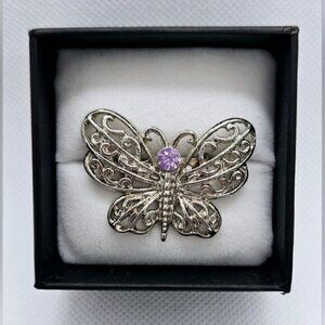 Silver Tone Amethyst Simulant Butterfly Brooch Pin